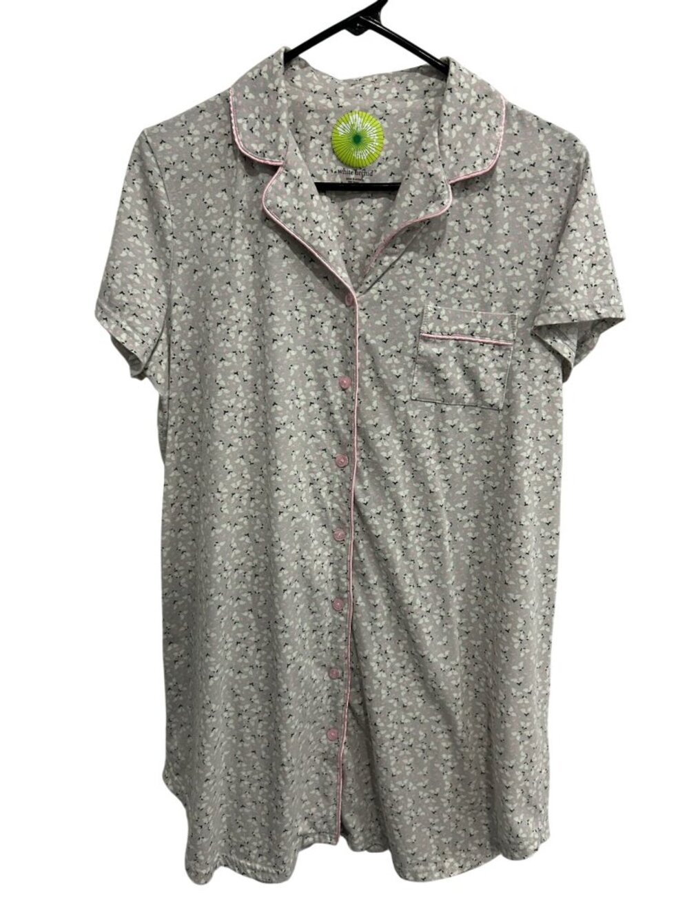White Orchid Medium Gray Pink Floral Button-Down Short Nightgown Cottagecore